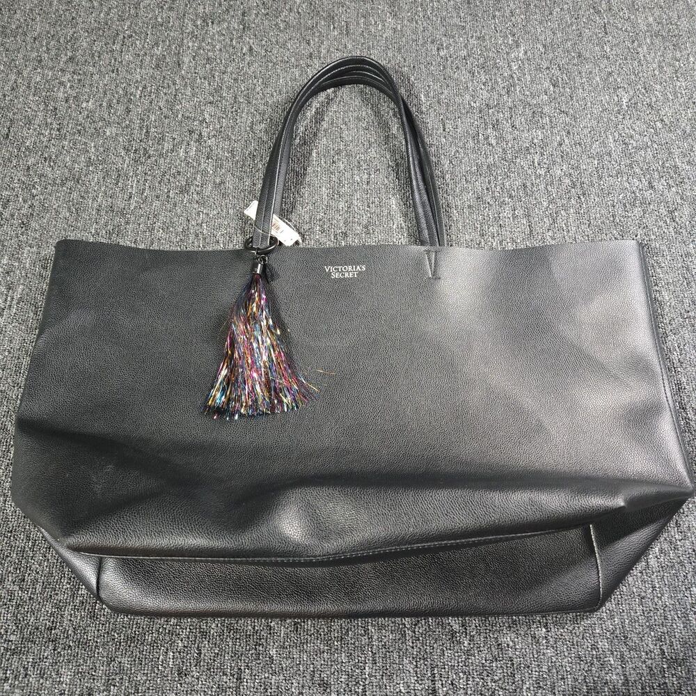NEW Victoria's Secret Womens Black Weekender Tote Bag Travel Faux Leather NWT